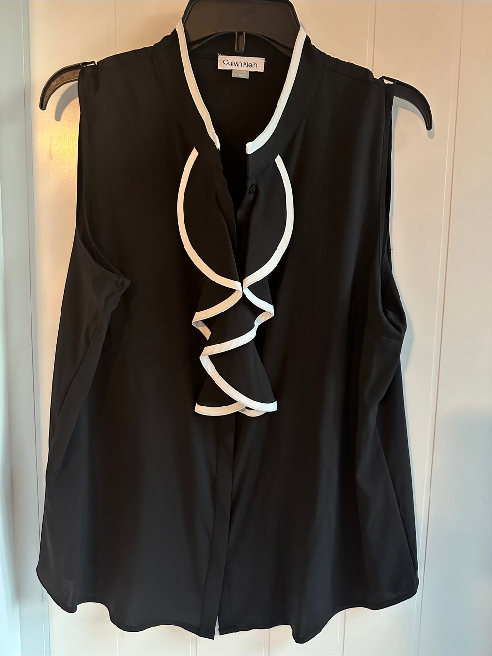 Calvin Klein Black Sleeveless Ruffle Camisole with White Trim